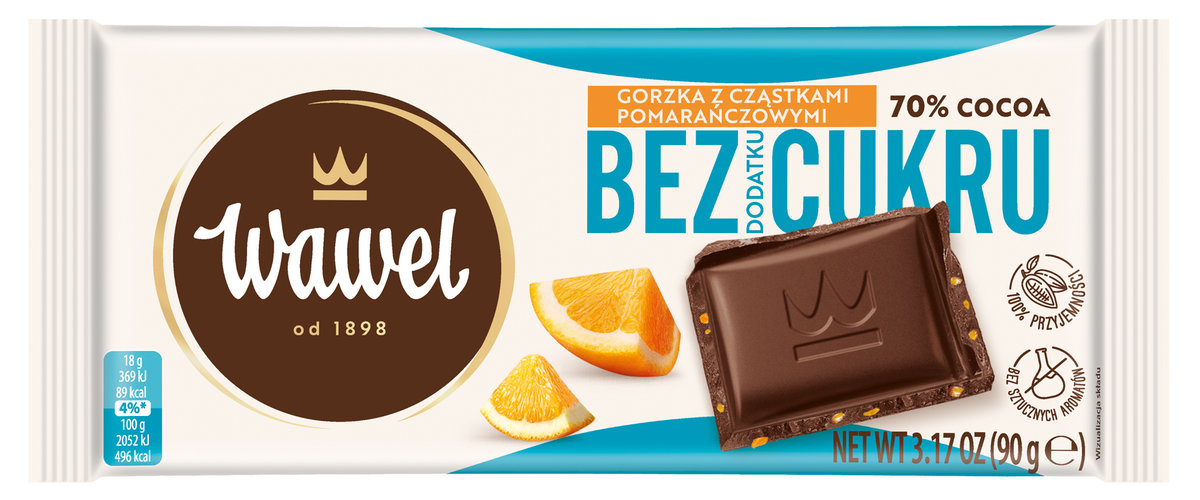 Czekolada Gorzka 70% Bez Dodatku Cukru Z Cząstkami Pomarańczy Wawel 90G