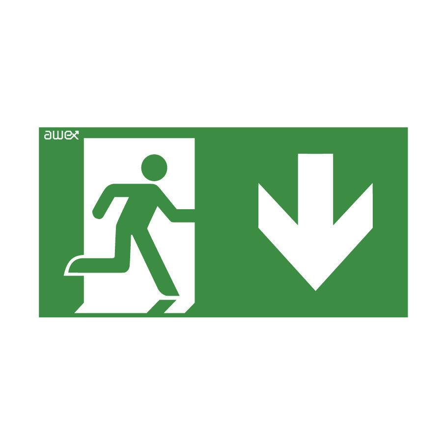 AWEX Piktogram 125x250 PS27 człowiek w drzwiach strzałka dół logo awex (ISO7010) PS27