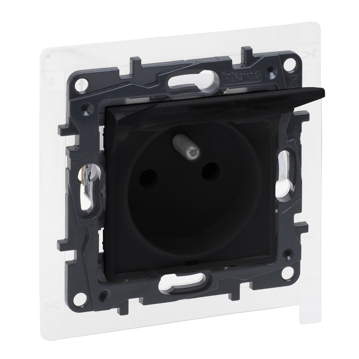 Gniazdo zasilające pojedyncze z uziemieniem IP44, zaciski śrubowe, bez przesłony styków- kolor czarny, NILOE STEP