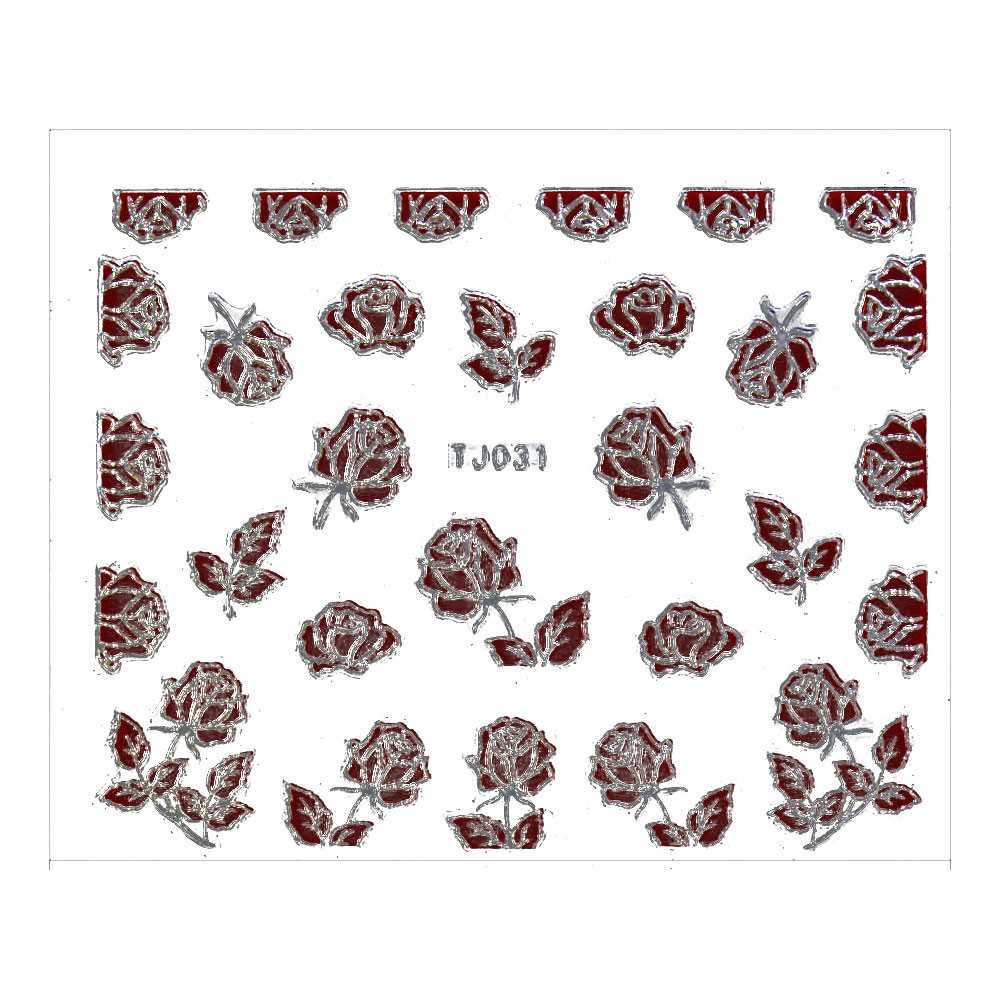 Allepaznokcie Naklejki 3D Kwiatki Czerwone ze srebrną obwódką arkusz Nr TJ031