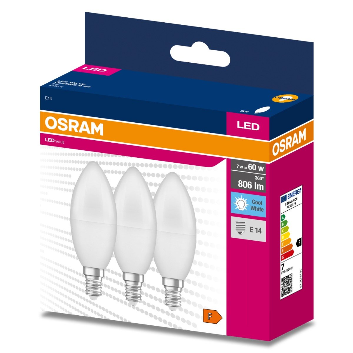 3PAK Żarówka LED E14 B35 7W = 60W 806lm 4000K Neutralna 200° OSRAM VALUE