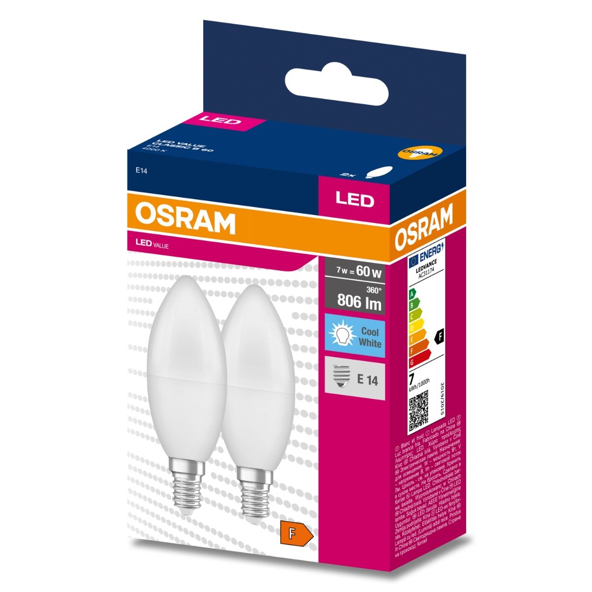 2PAK Żarówka LED E14 B35 7W = 60W 806lm 4000K Neutralna 220° OSRAM VALUE