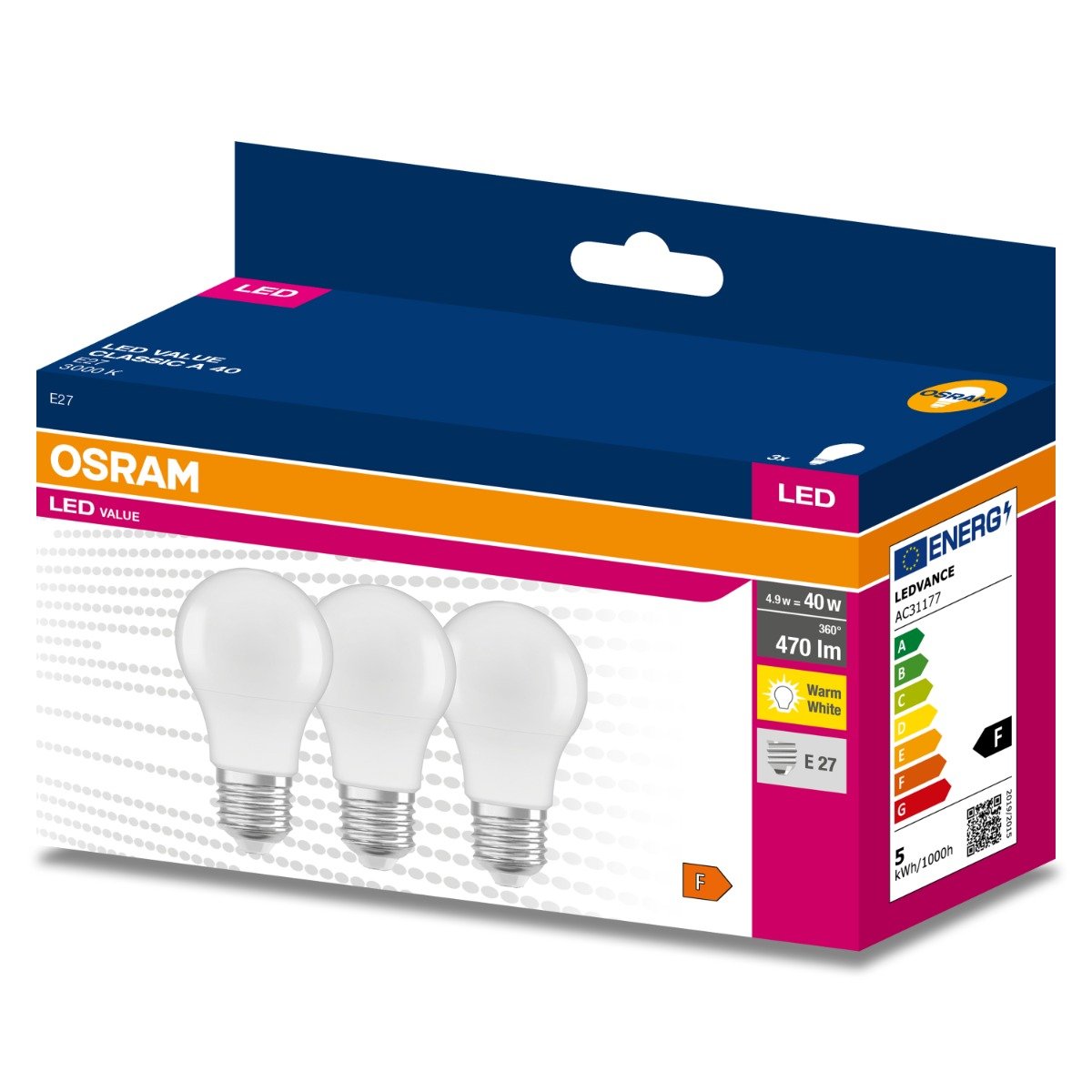 3PAK Żarówka LED E27 A60 4,9W = 40W 470lm 3000K Ciepła 200° OSRAM VALUE
