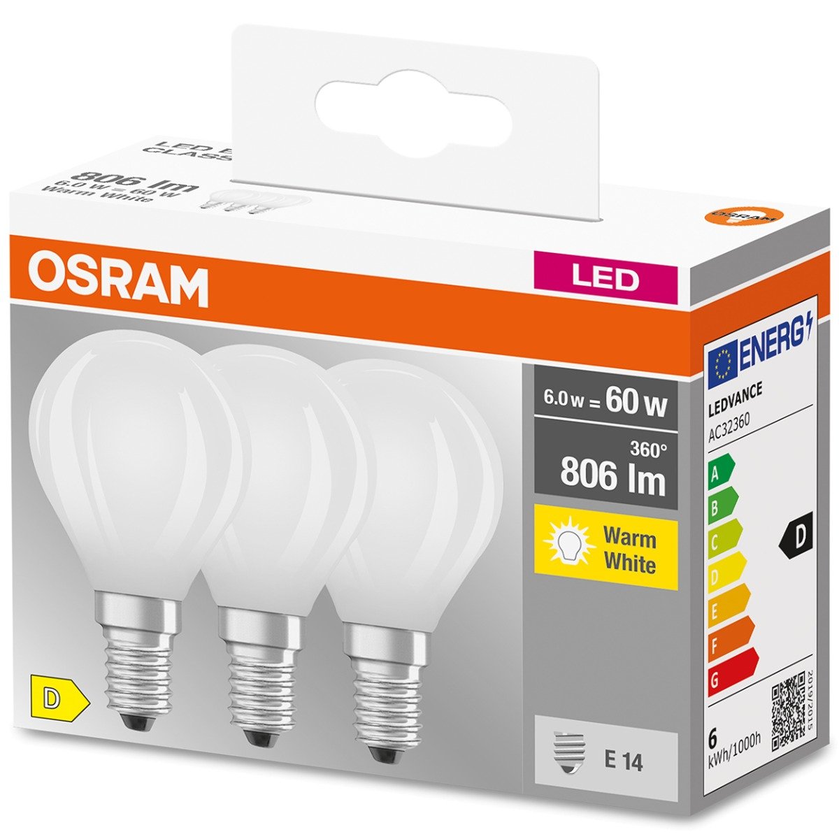 3PAK Żarówka LED E14 P45 5,5W = 60W 806lm 2700K Ciepła 300° Filament OSRAM BASE