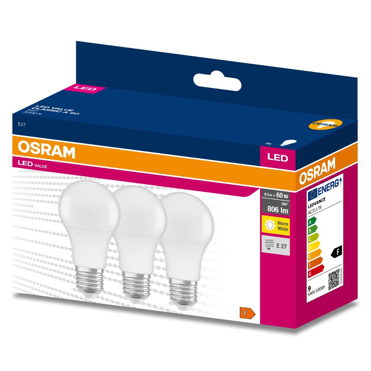 3PAK Żarówka LED E27 A60 8,5W = 60W 806lm 3000K Ciepła 200° OSRAM VALUE