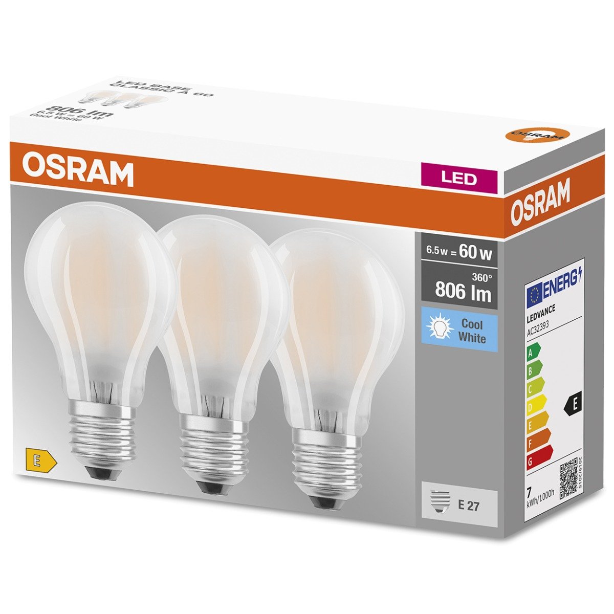 Osram żarówka LED E27 Base CL A 7W 4 000 K 3 szt.