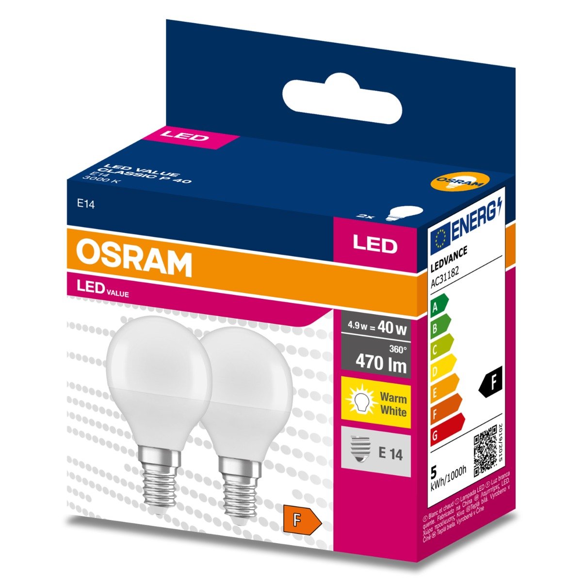 2PAK Żarówka LED E14 P45 4,9W = 40W 470lm 3000K Ciepła 200° OSRAM VALUE
