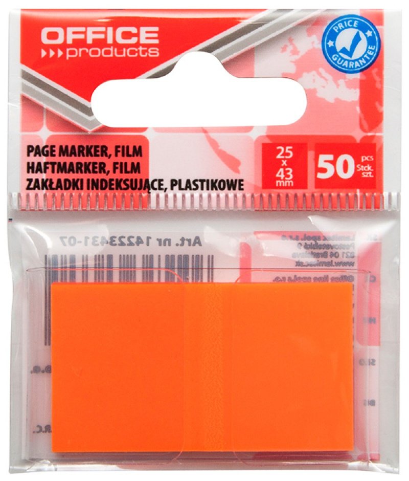 Office products Zakładki indeksujące PP, 25x43mm, 1x50 kart., zawieszka, pomarańczowe 14223431-07