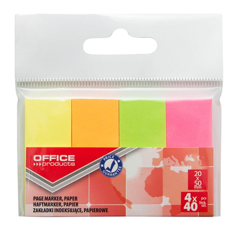 Office products Zakładki indeksujące papier, 20x50mm, 4x40 kart., zawieszka, mix kolorów neon 14215334-99