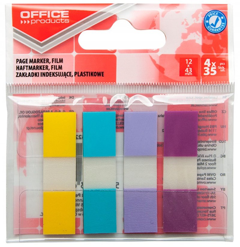 Office products Zakładki indeksujące PP, 12x43mm, 4x35 kart., zawieszka, mix kolorów pastel 14223824-99