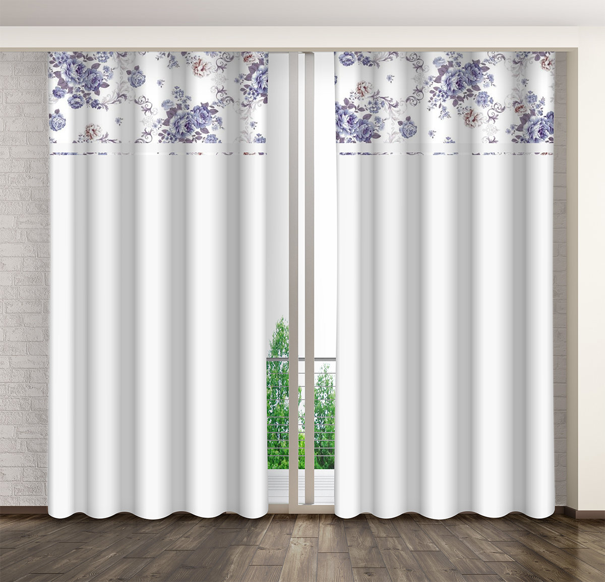 Zasłona gotowa na żabki, 160x250, biała w kwiaty, ZMO-057