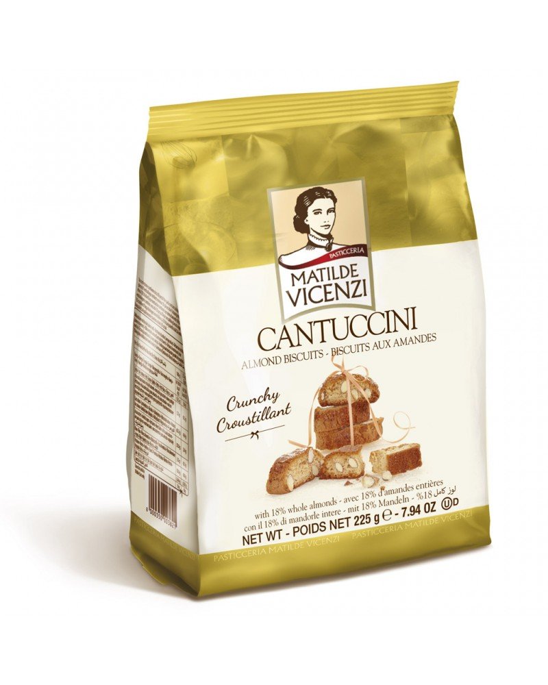 Vicenzi Cantuccini - chrupiące, kruche ciasteczka z migdałami.   Zawartość  migdałów 18%.  225g