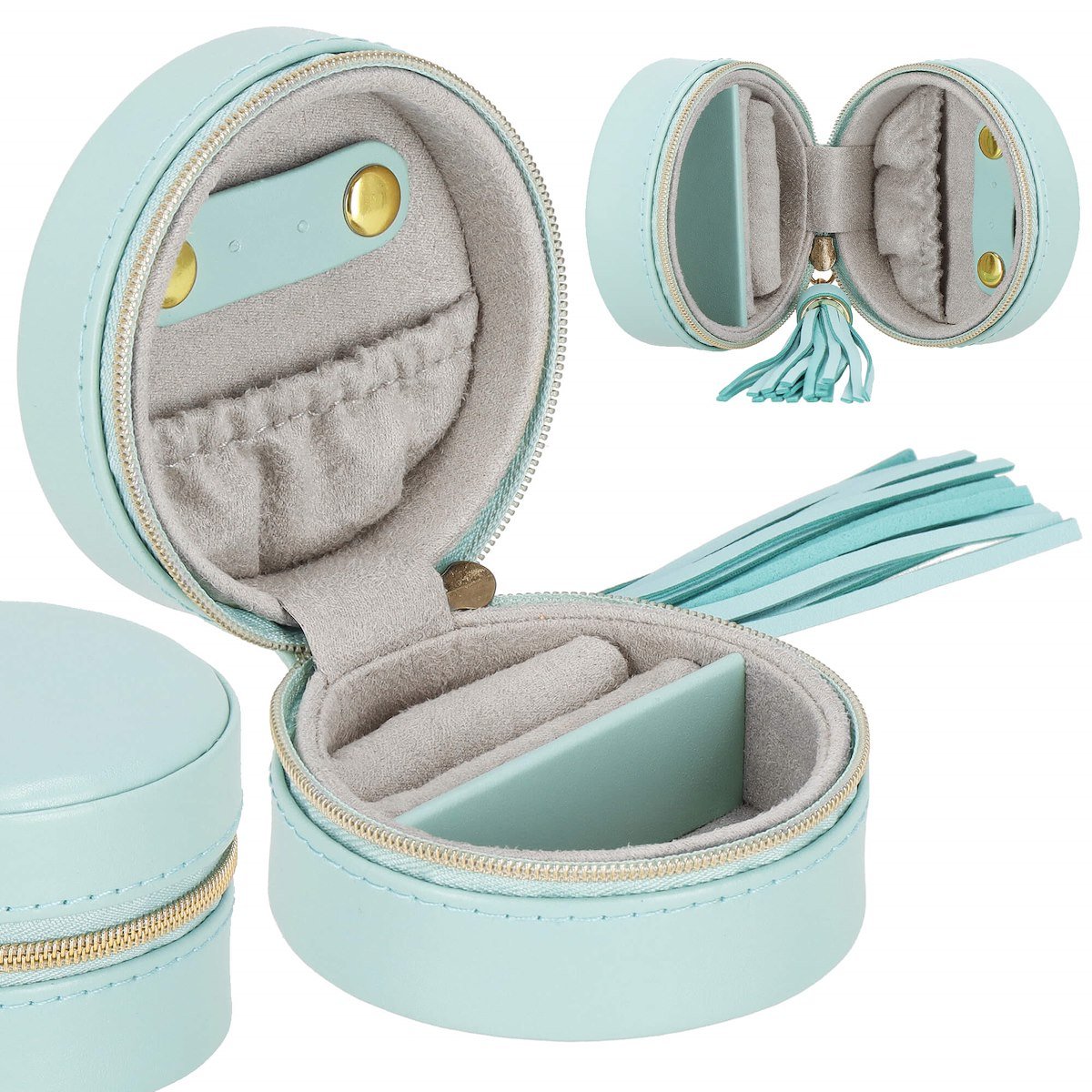 Szkatułka na biżuterię okrągła 8x5 cm miętowy organizer z przegródkami ekoskóra