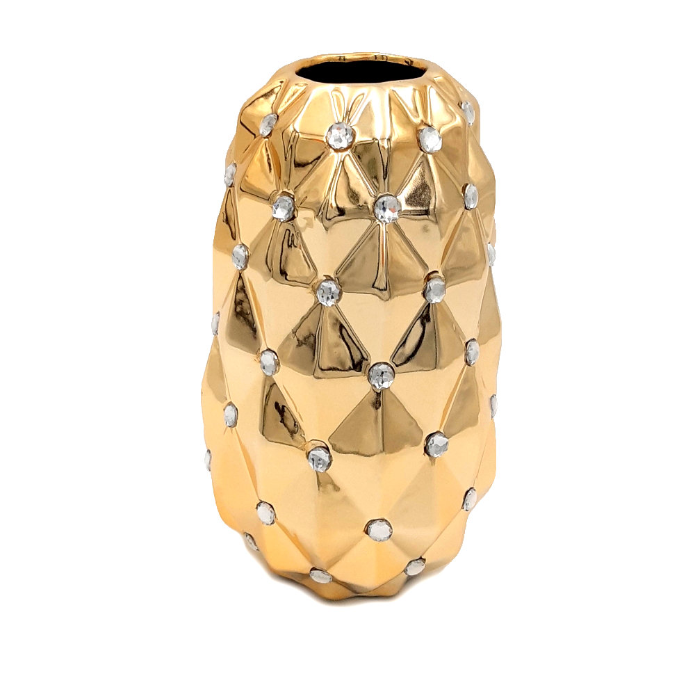 Wazon ceramiczny z kryształkami glamour złoty okrągły pikowany 23 cm