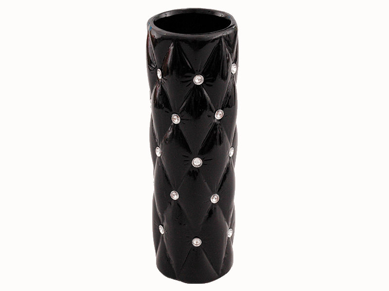 Wazon ceramiczny z kryształkami glamour czarny okrągły wysoki pikowany 29 cm