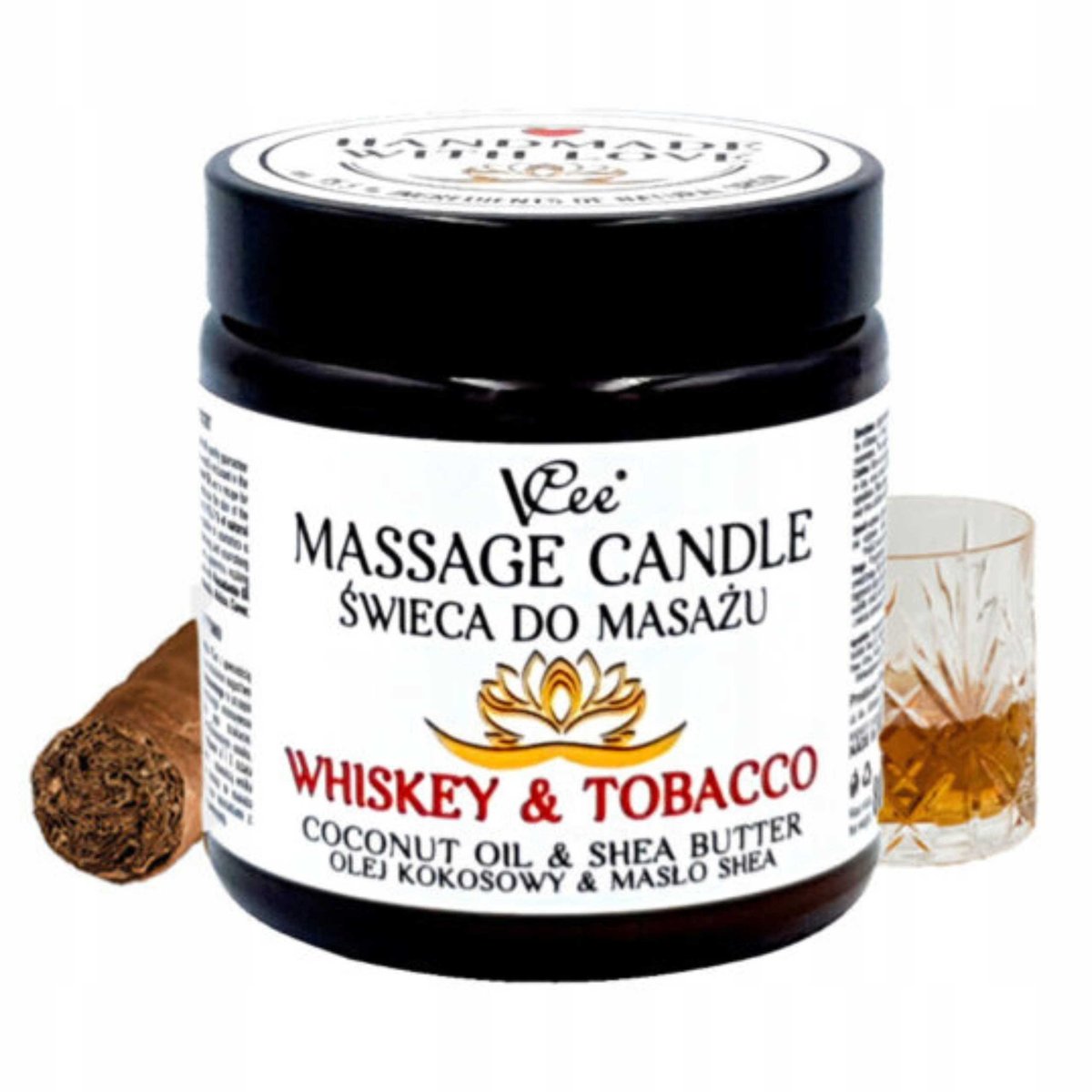 Nawilżająca świeca do masażu VCee 80 g - różne zapachy - Whiskey & Tobacco
