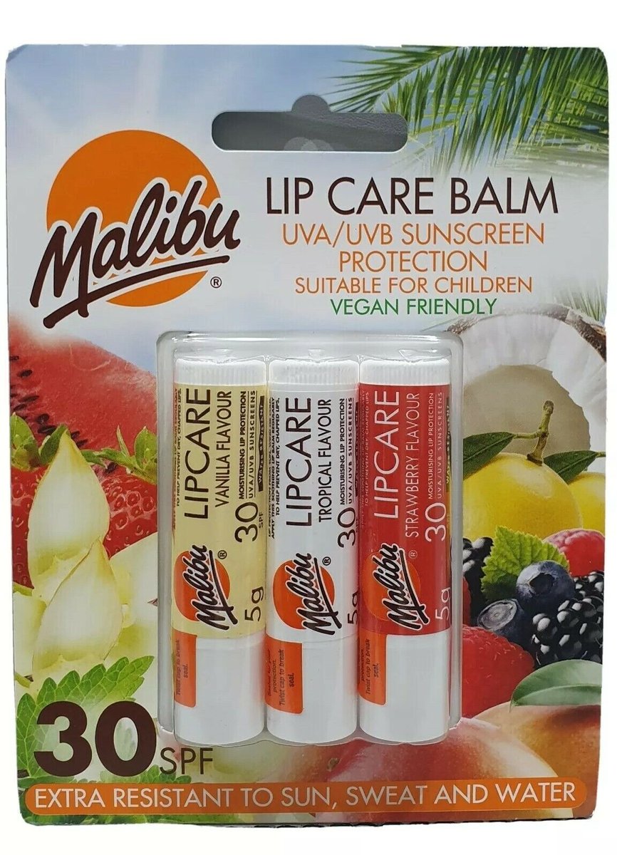 Malibu, Lip Care Balm, Zestaw pomadek UVA-UVB  SPF30, 3 szt.
