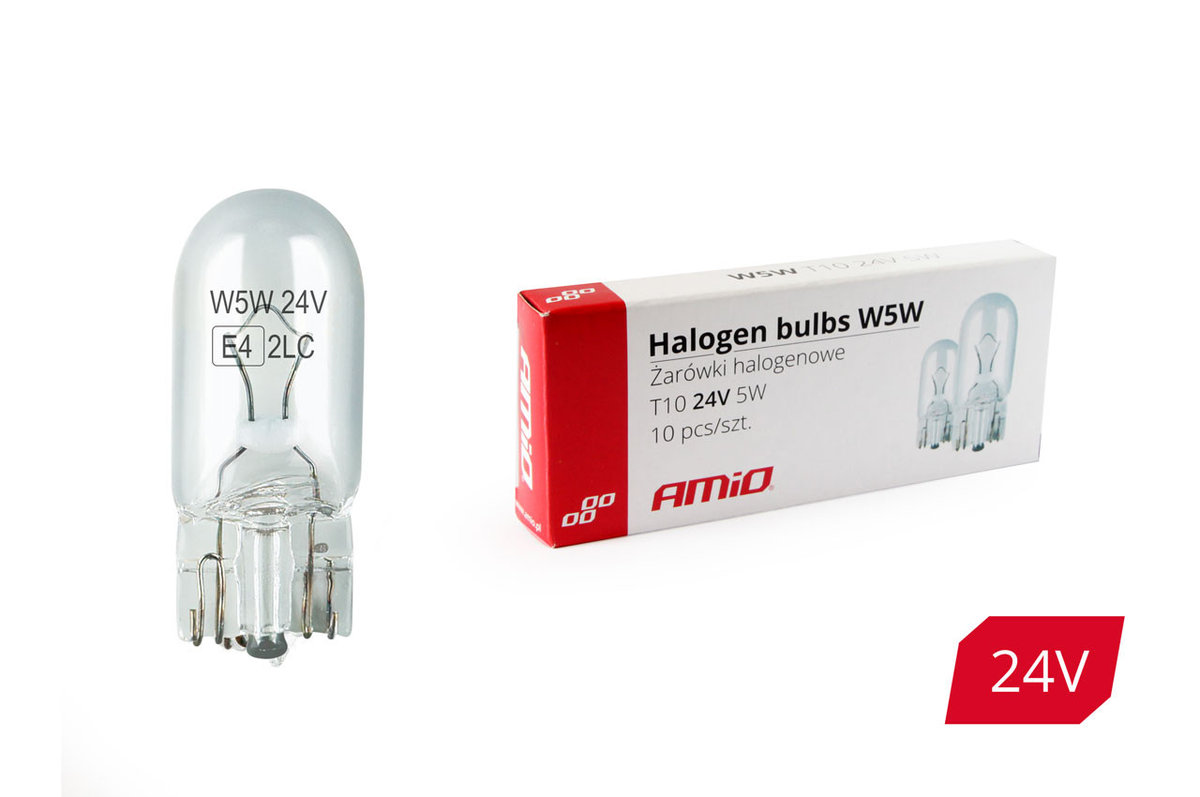 AMiO 01002 Żarówki halogenowe W5W T10 5W W2.1x9.5d 24V 10 sztuk AMI-01002