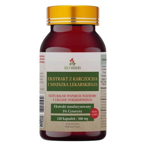 Bio Herbs, Ekstrakt Karchoch + Mniszek Lekarski, Cynaryna 5%, 120 Kaps.