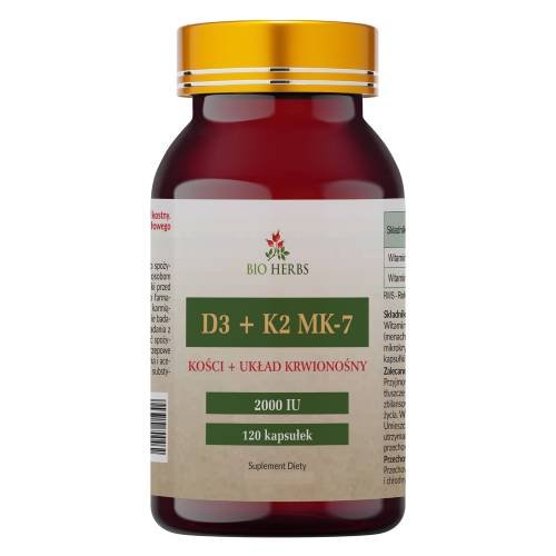 Bio Herbs, Witamina D3 + K2 Mk-7, Zdrowe Kości, 120 Kaps.