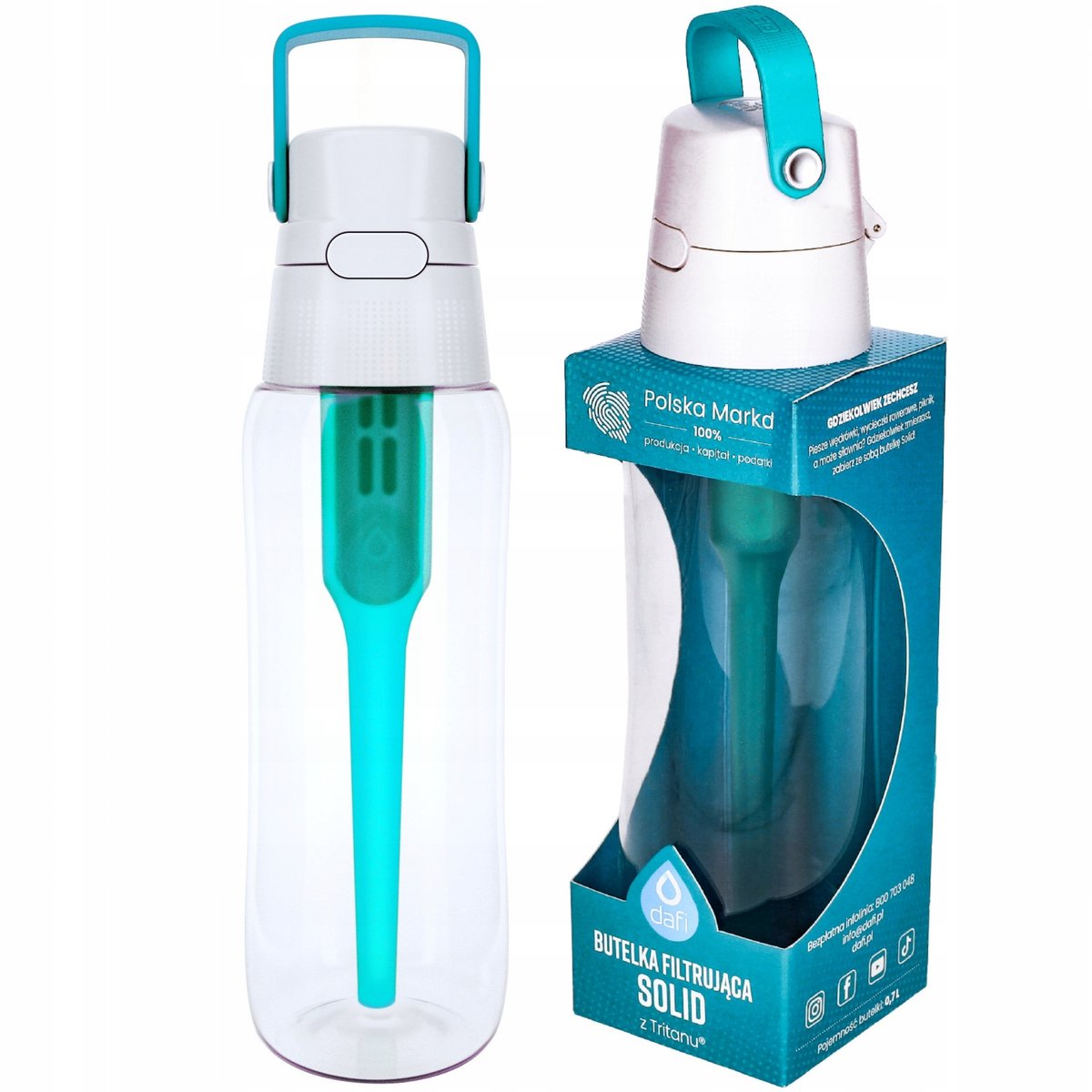 Butelka Dafi Solid 0,7 L Turkusowa + Filtr Węglowy