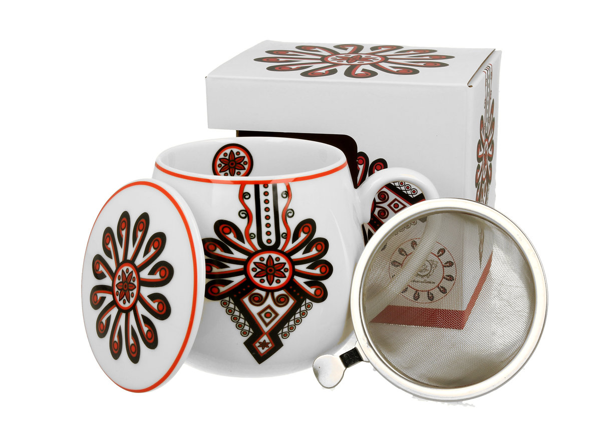 Kubek do kawy i herbaty porcelanowy z zaparzaczem DUO baryłka PARZENICA, 430 ml