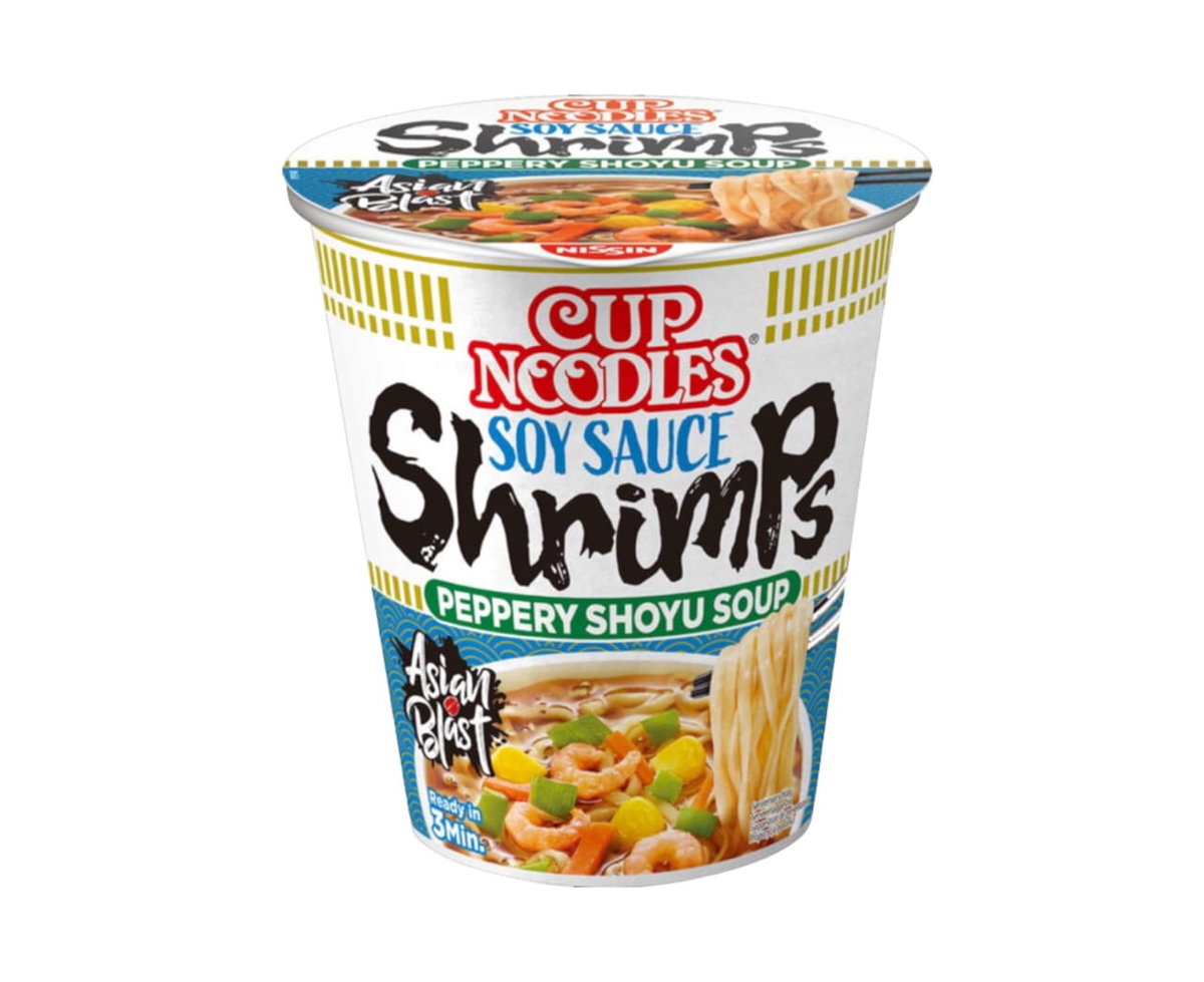 Nissin kluski w kubeczku o smaku krewetki  63g