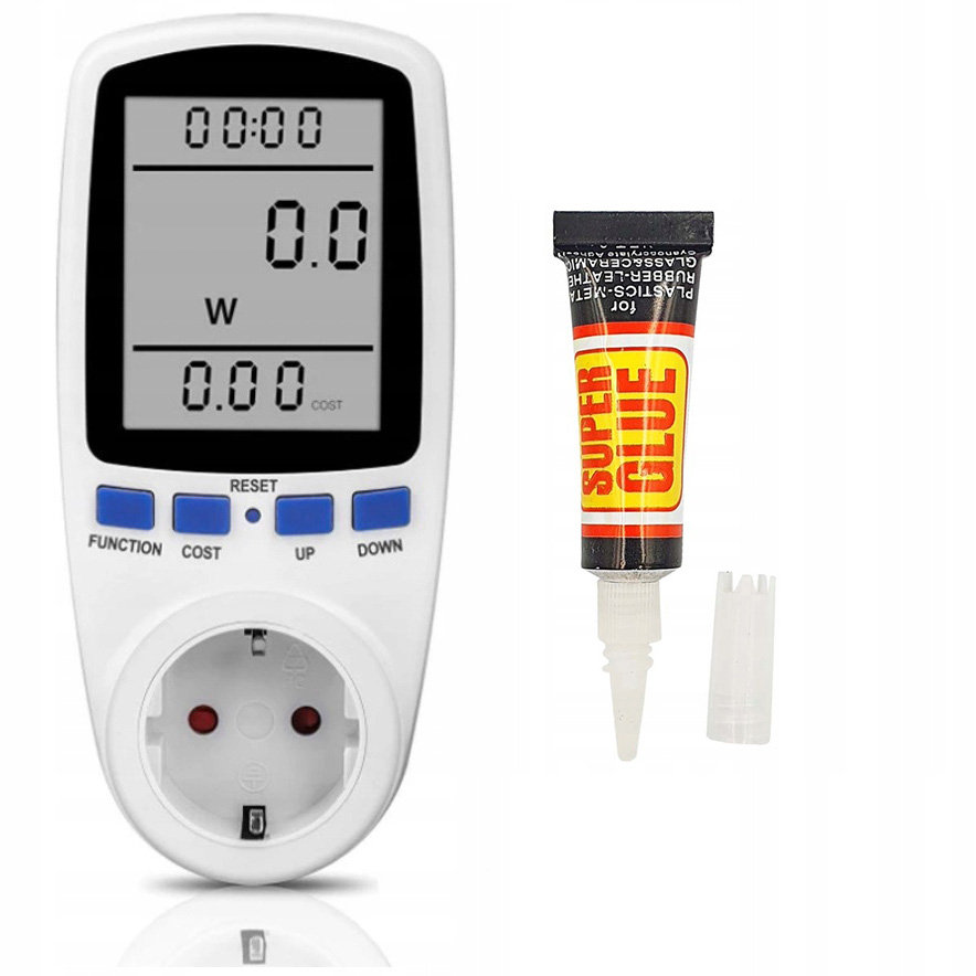 Watomierz / licznik zużycia prądu wpinany do sieci + Klej cyjanoakrylowy Super Glue 3g 1szt.