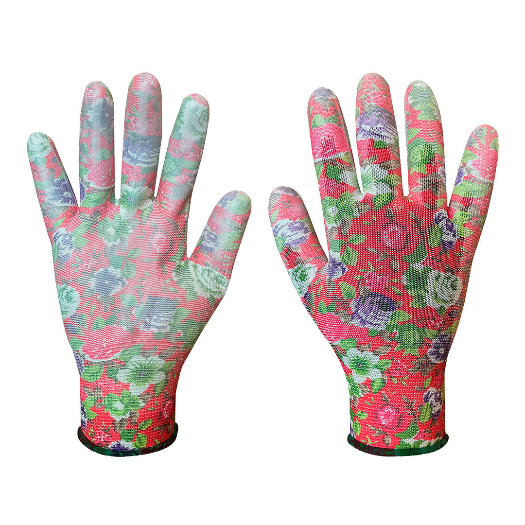 Rękawice ogrodowe rękawiczki ochronne pokryte PU, wzór róże, rozmiar 9