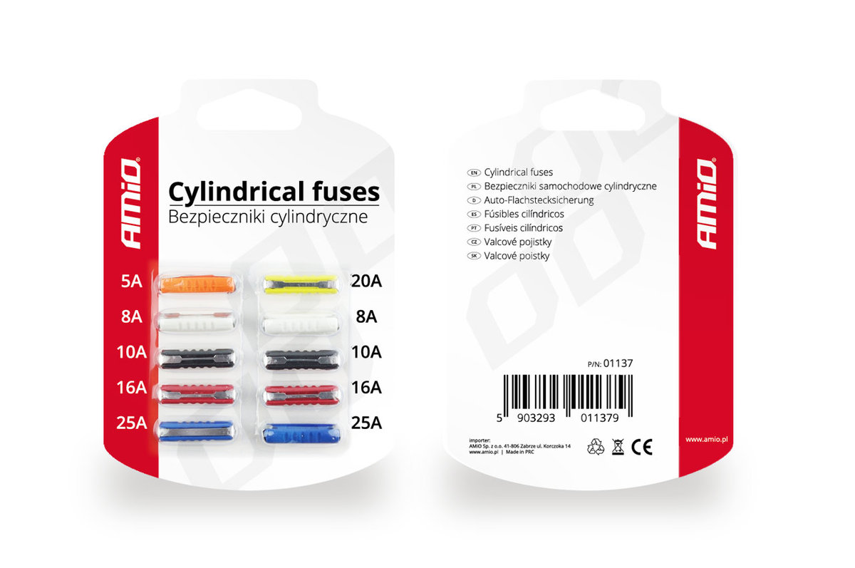 AMiO Bezpieczniki samochodowe 10 sztuk blister cylindryczne AMI-01137