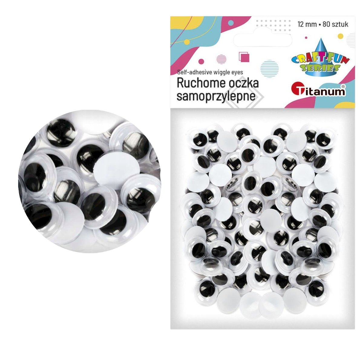 Oczy samoprzylepne bez rzęs 12mm okrągłe 80szt - Titanum