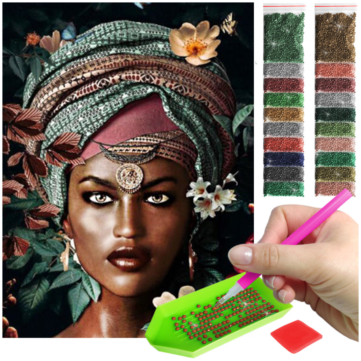 Haft Diamentowy ARTULIO, Obraz DIY 5D, Diamond Painting, Mozaika diamentowa 30x40cm (Kobieta z Turbanem) + zestaw akcesoriów