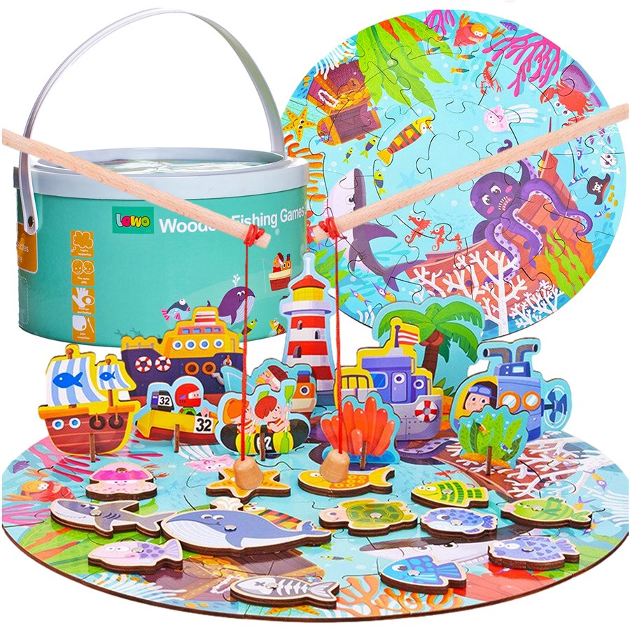 Gra drewniana łowienie rybek na magnes w zestawie 2 wędki, wiaderko, puzzle.