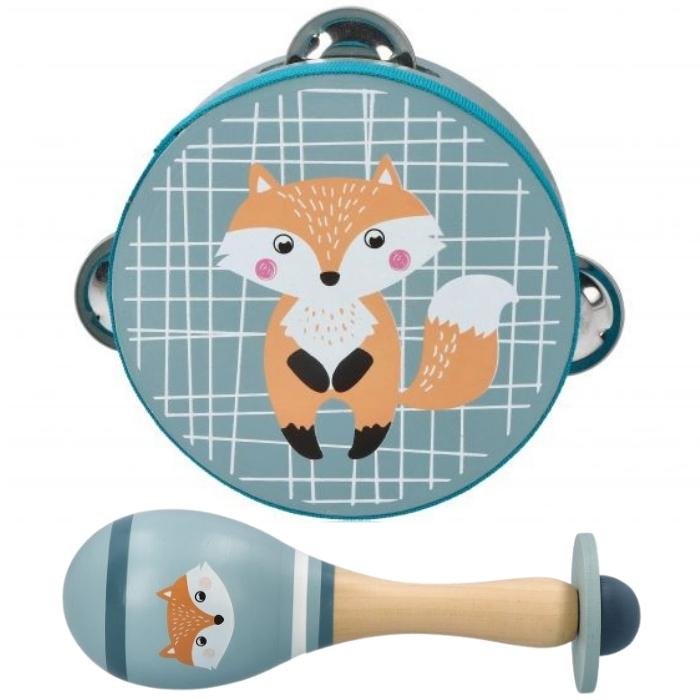 Tamburyn i marakas drewniany niebieski lisek Adam toys