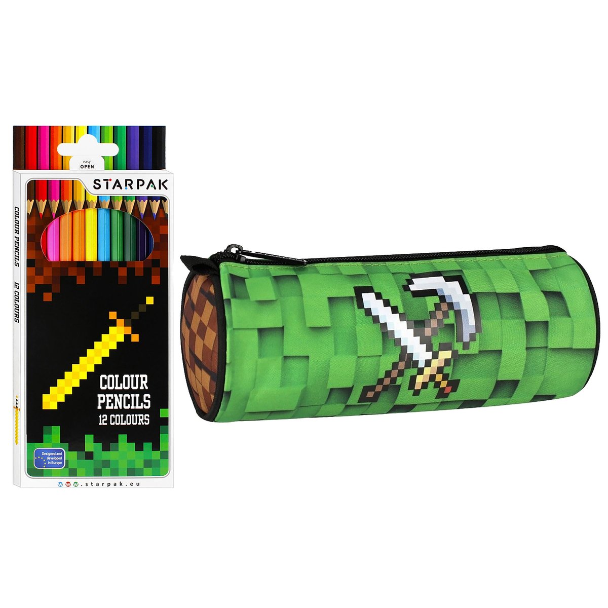 Pixel Game Zestaw przyborów szkolnych dla chłopca: piórnik tuba + kredki ołówkowe Uniwersalny