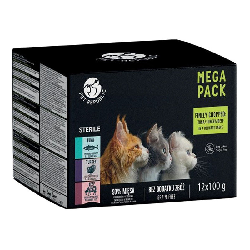 Pet Republic Karma mokra dla kotów sterylizowanych tuńczyk/indyk/wołowina 12 x 100 g