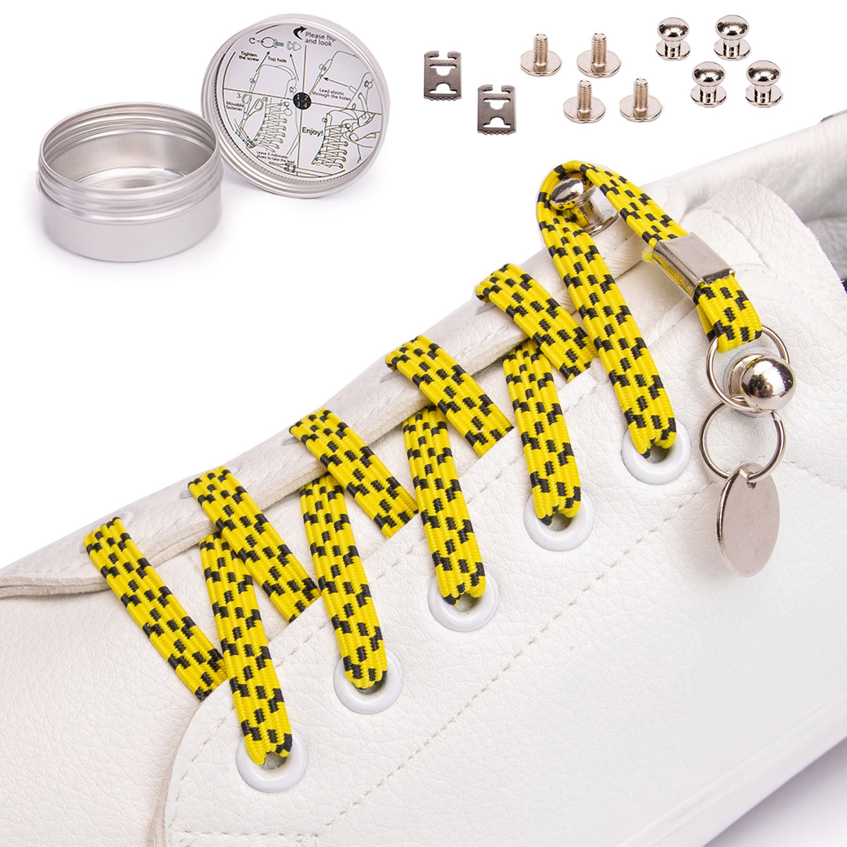 Sznurówki bez wiązania gumowe żółto czarny kratka