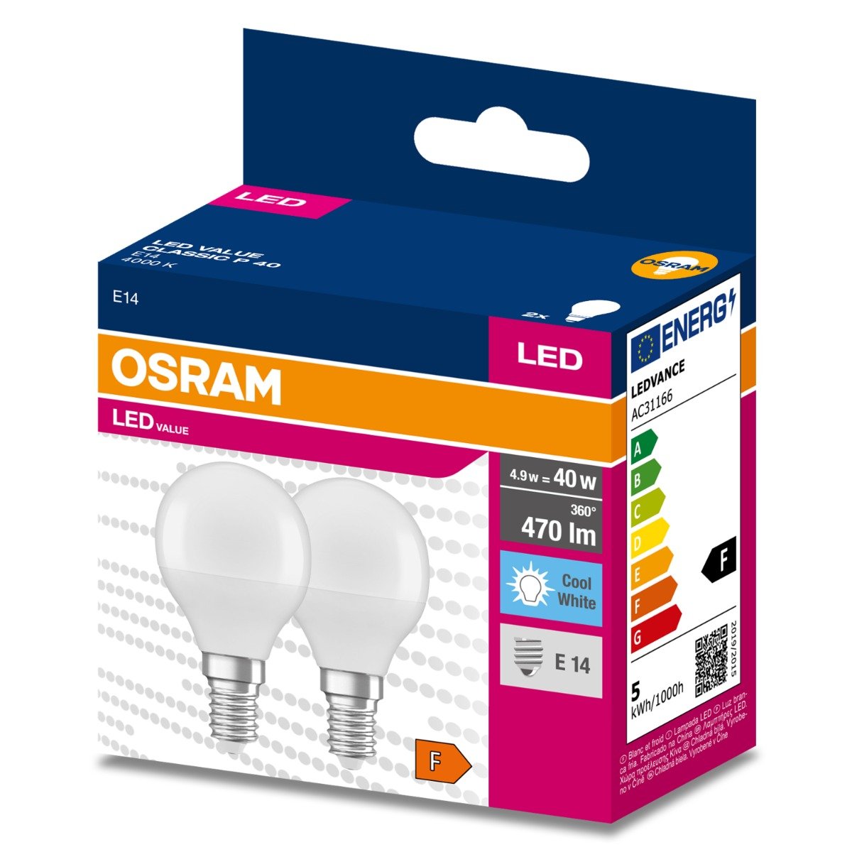 2PAK Żarówka LED E14 P45 4,9W = 40W 470lm 4000K Neutralna 200° OSRAM VALUE
