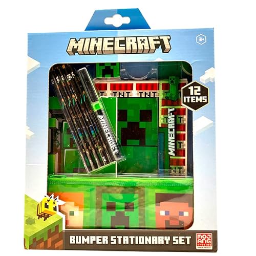 Zestaw biurowy Minecraft z etui - pełny materiał szkolny - 2 długopisy, kredki, gumki, temperówka i linijka - wzór postaci i creeper, Wielobarwny, Mediano, Zestaw biurowy Minecraft z etui