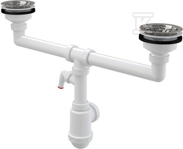 Syfon do zlewu dwukomorowego z przyłączem, sitka nierdzewne DN115 i z przyłączem