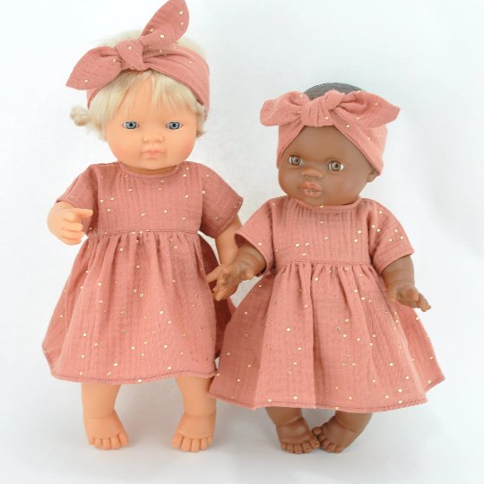 top Sukienka/ Przytullale dla lalek Miniland 38 cm i Paola Reina, morelowa w złote kropki