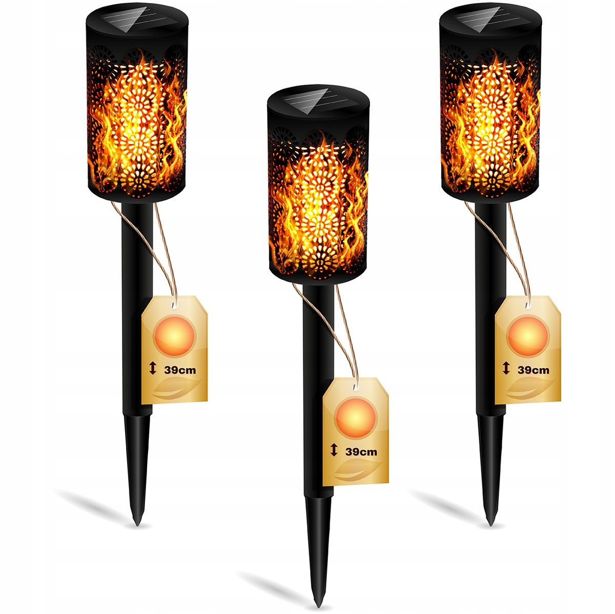 Zestaw 3x Lampa Solarna Ogrodowa LED Wbijana Pochodnia 39cm IP44 Czujnik Zmierzchu