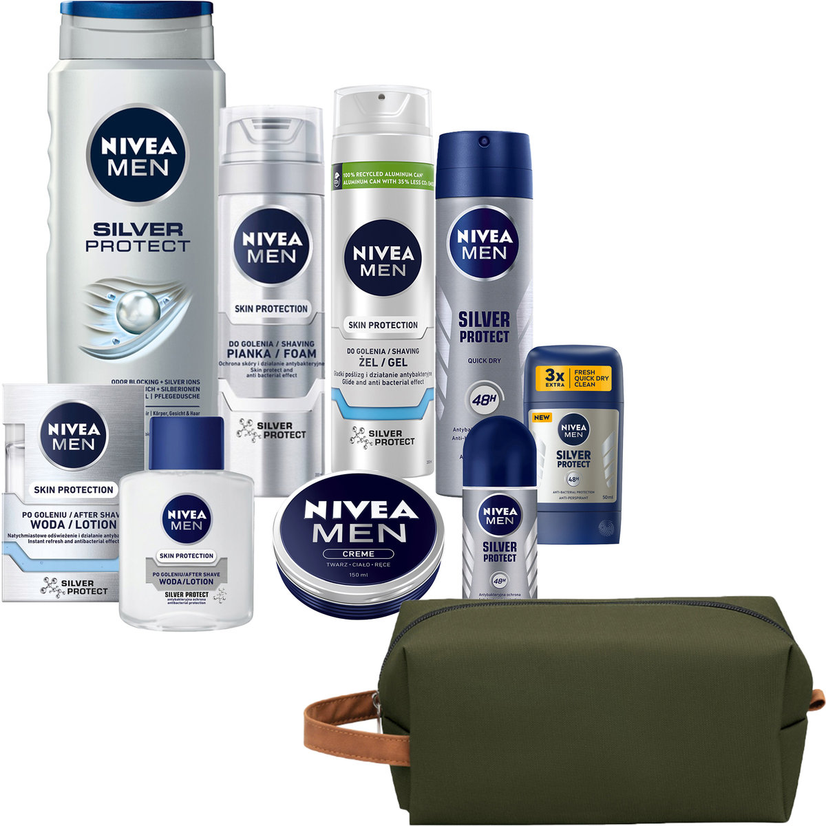 Nivea Men, Silver Protect, Zestaw kosmetyków do pielęgnacji, 8szt. + Kosmetyczka