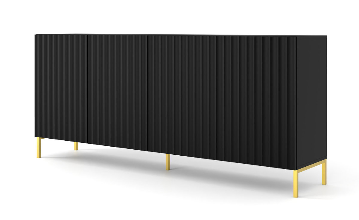 Komoda WAVE 200 cm 4D frez czarny mat na złotych nóżkach