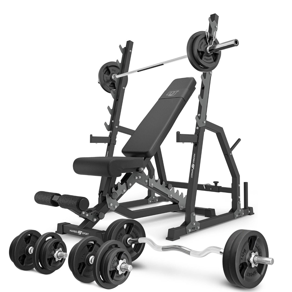 Zestaw MS3_2.0_113KG | Ławka dwustronna + stojaki bramowe z asekuracją  + zestaw gryfów i obciążeń 113 kg - Marbo Sport