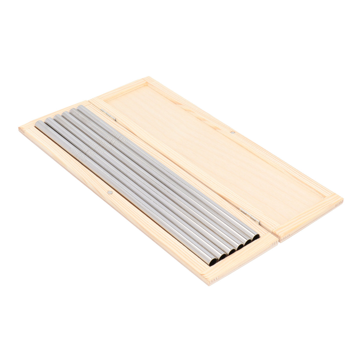 Słomki metalowe 8 mm, zestaw w drewnianym etui, srebrne