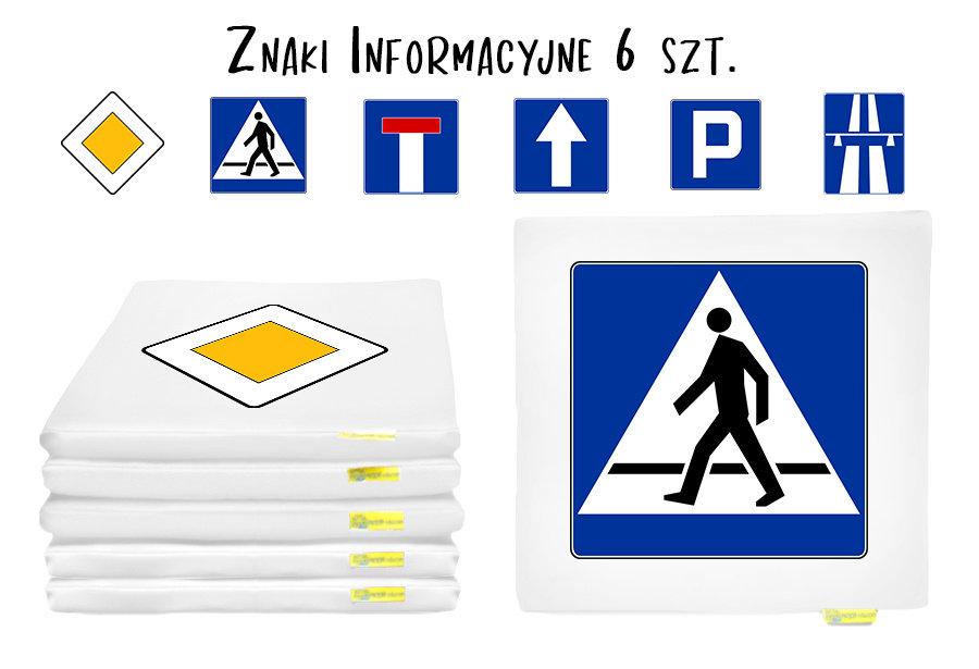 Poduszki kwadratowe ekoskóra ZNAKI drogowe INFORMACYJNE 3 cm 6 szt.