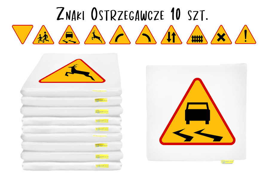 Poduszki kwadratowe ekoskóra ZNAKI drogowe OSTRZEGAWCZE 3 cm 10 szt.