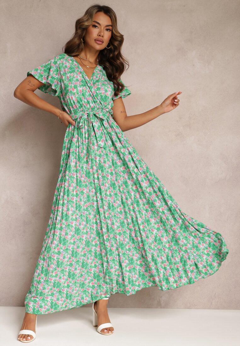 Zielona Plisowana Sukienka Maxi w Kwiatki z Gumką w Talii Ikama