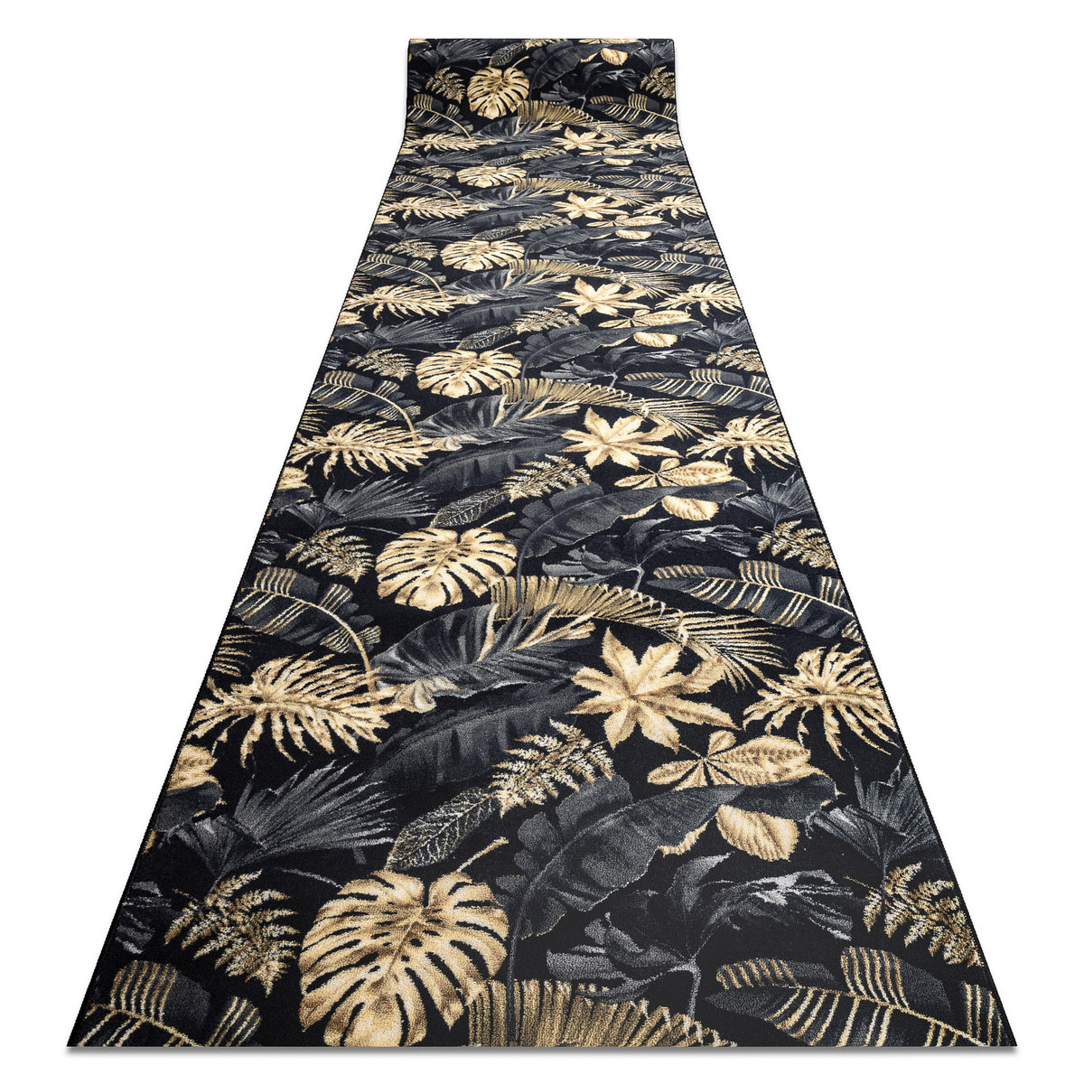 CHODNIK podgumowany MONSTERA Liście guma złoty 80 cm, 80x540 cm